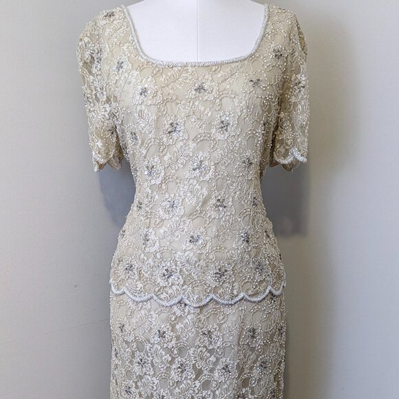 80s Beige Beaded Prom Dress Peplum Dress Floral Lace Formal Gown Vintage Dress - Picture 4 of 14